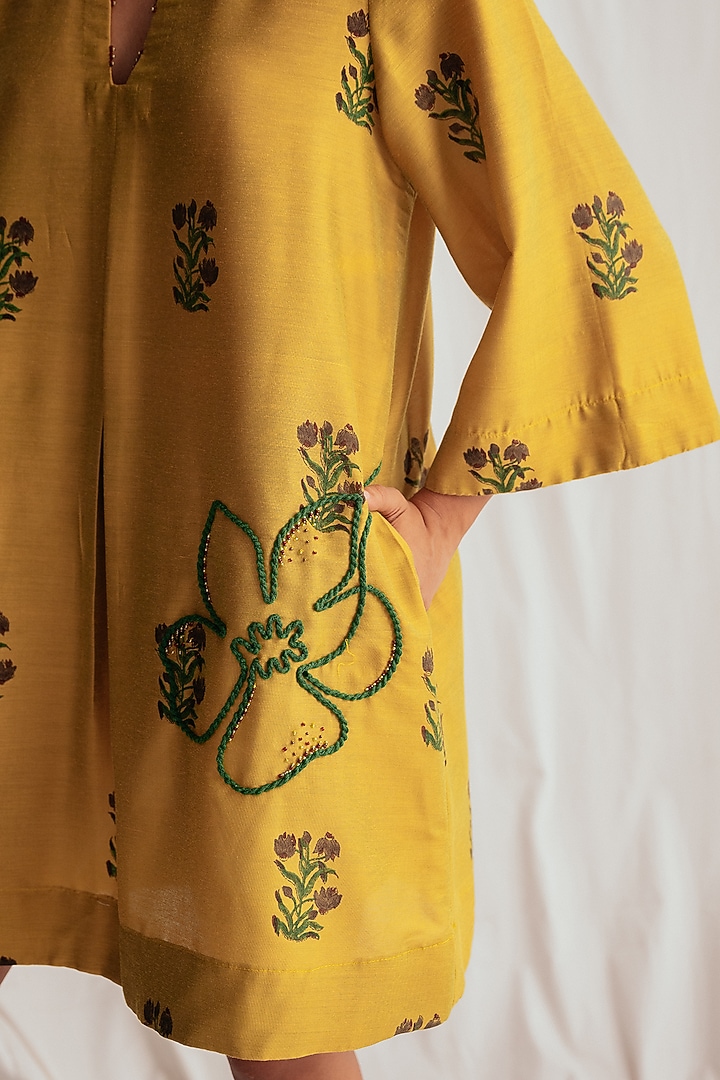 Yellow Cotton Silk Embroidered Shift Summer Dress by Jodi at Pernia's Pop Up Shop
