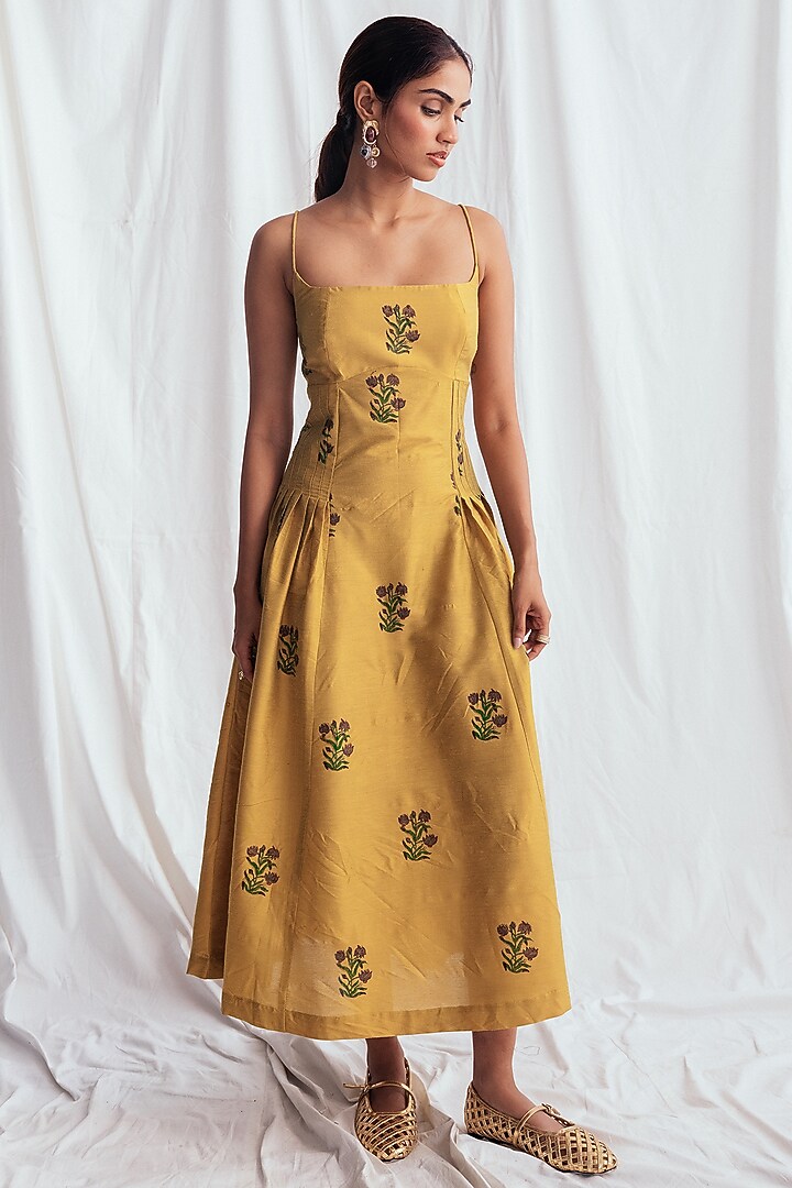 Yellow Cotton Silk Embroidered Summer Dress by Jodi at Pernia's Pop Up Shop