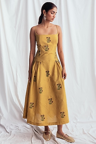 Yellow Cotton Silk Embroidered Dress by Jodi