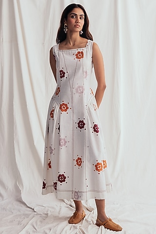 White Kala Cotton Block-Printed Dress by Jodi
