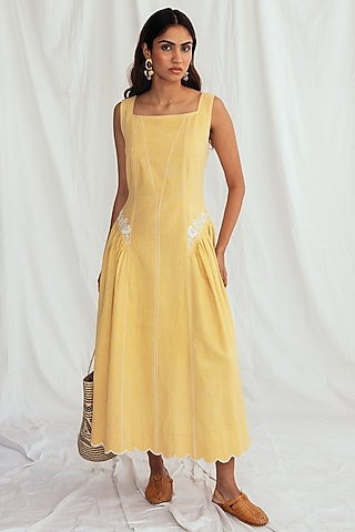 Yellow Kala Cotton Embroidered & Block-Printed Dress by Jodi