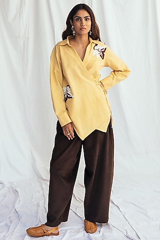 Yellow Kala Cotton Embroidered Wrap Shirt by Jodi