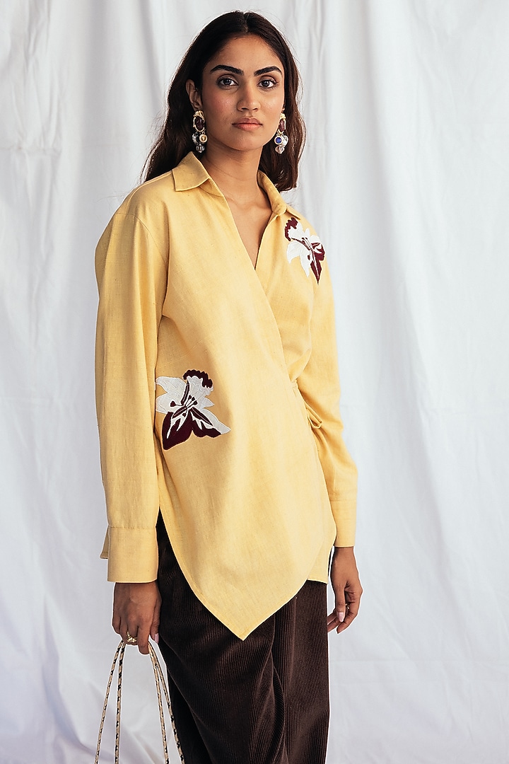 Yellow Kala Cotton Embroidered Wrap Shirt by Jodi at Pernia's Pop Up Shop
