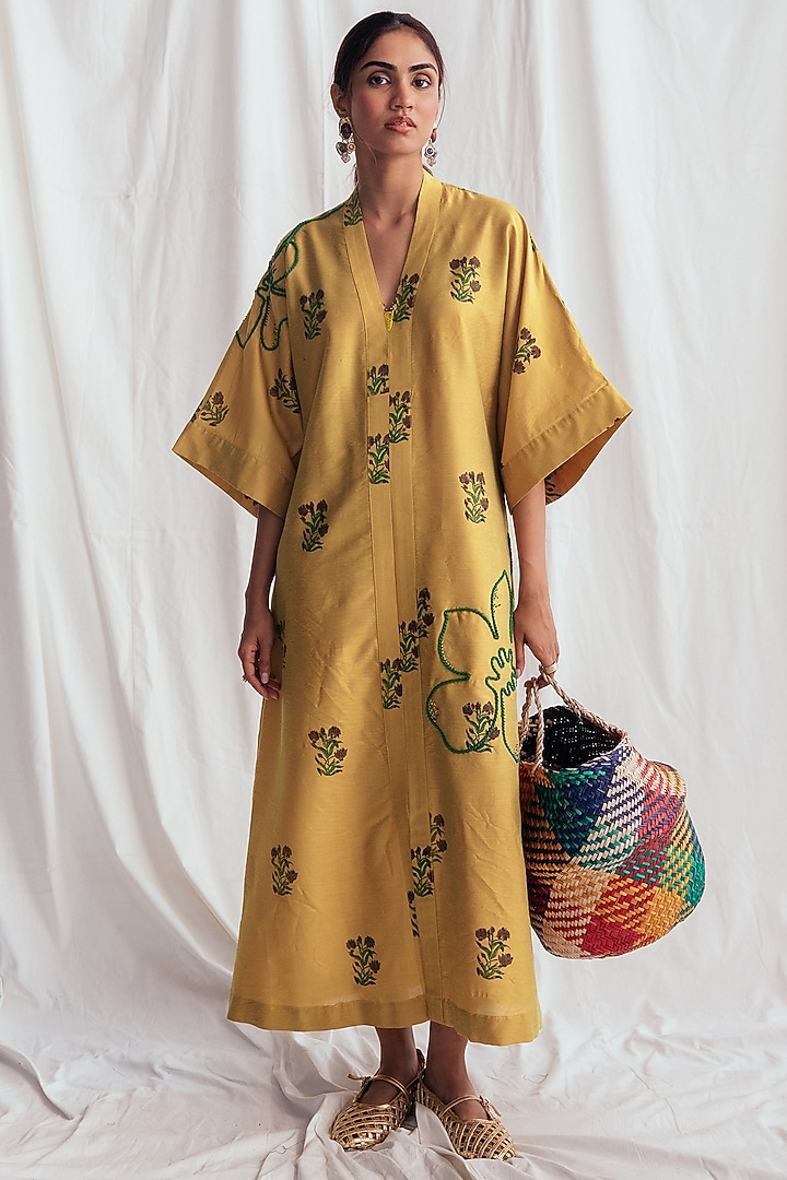 Yellow Cotton Silk Embroidered Summer Dress by Jodi at Pernia's Pop Up Shop