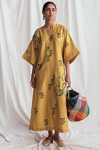 Yellow Cotton Silk Embroidered Dress by Jodi