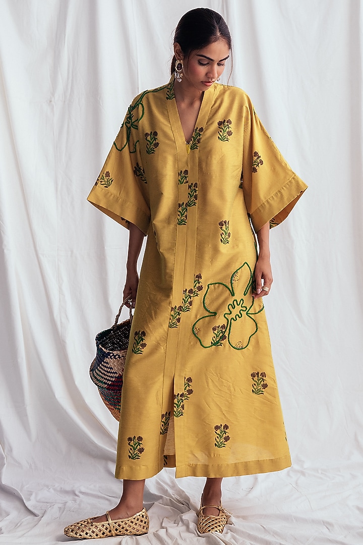 Yellow Cotton Silk Embroidered Summer Dress by Jodi at Pernia's Pop Up Shop