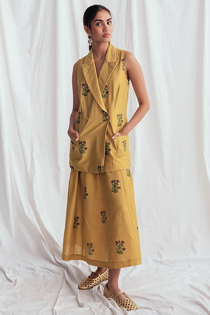 Yellow Cotton Silk Hand-Block Printed & Embroidered Blazer by Jodi at Pernia's Pop Up Shop