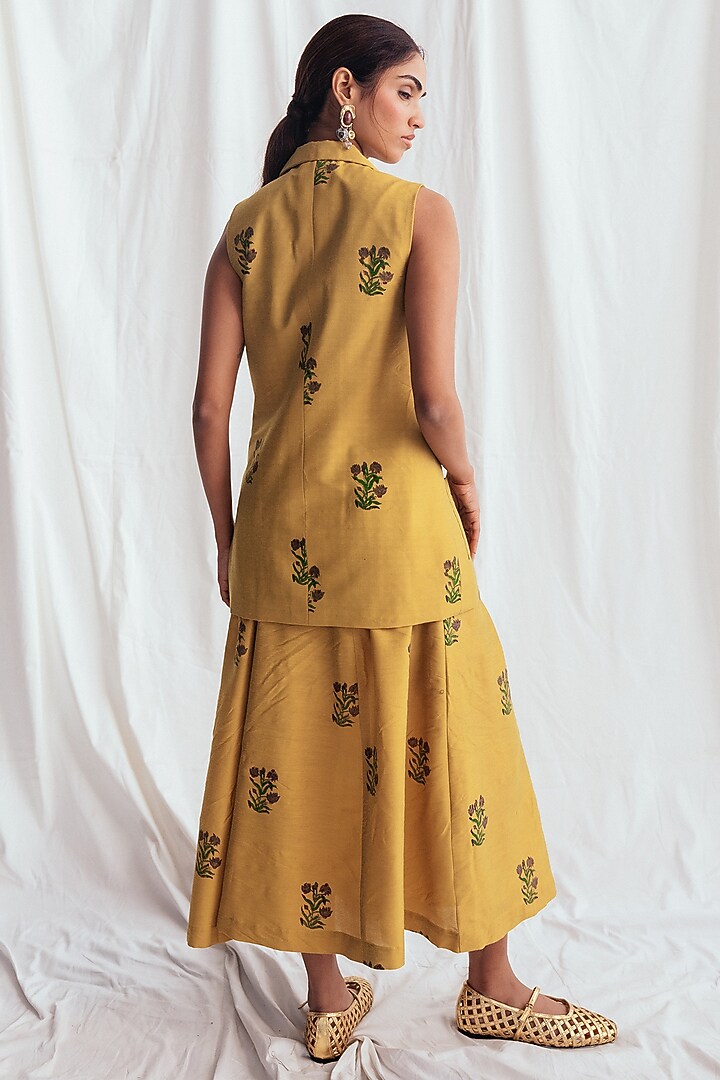 Yellow Cotton Silk Hand-Block Printed & Embroidered Blazer by Jodi at Pernia's Pop Up Shop