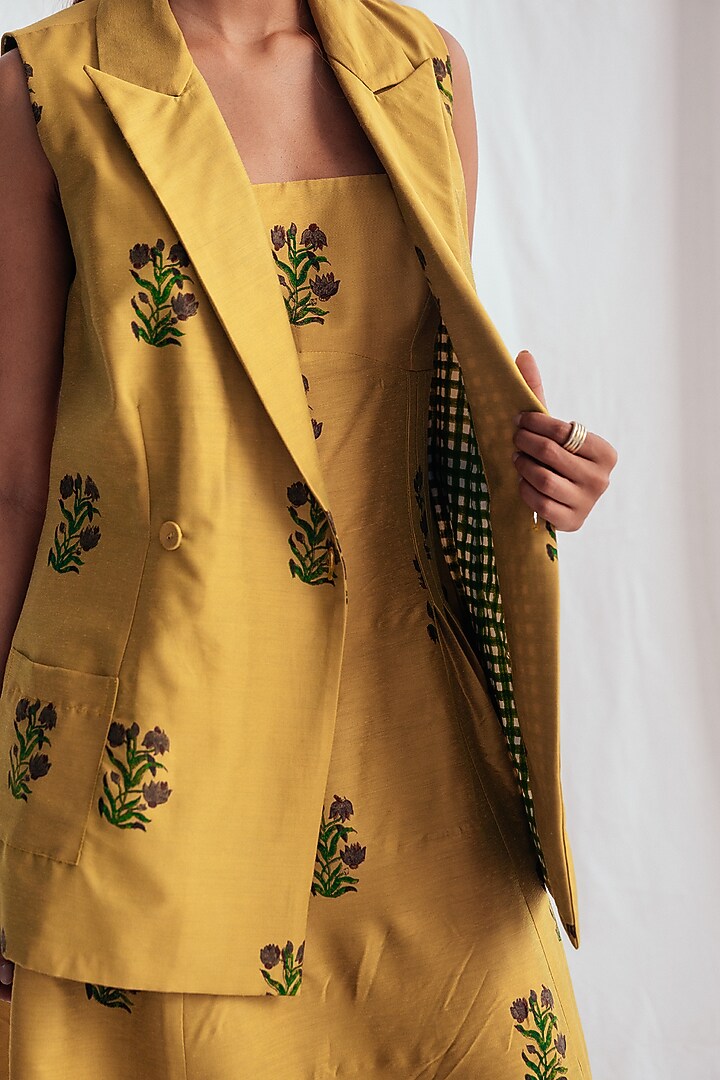 Yellow Cotton Silk Hand-Block Printed & Embroidered Blazer by Jodi at Pernia's Pop Up Shop
