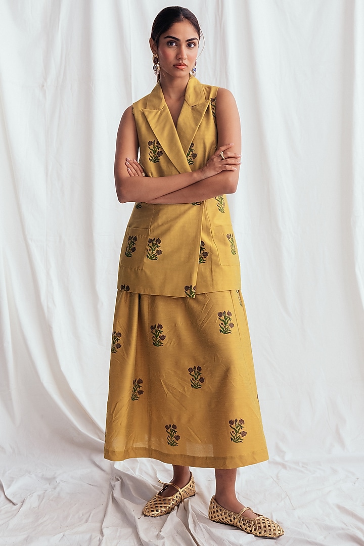 Yellow Cotton Silk Hand-Block Printed & Embroidered Blazer by Jodi at Pernia's Pop Up Shop