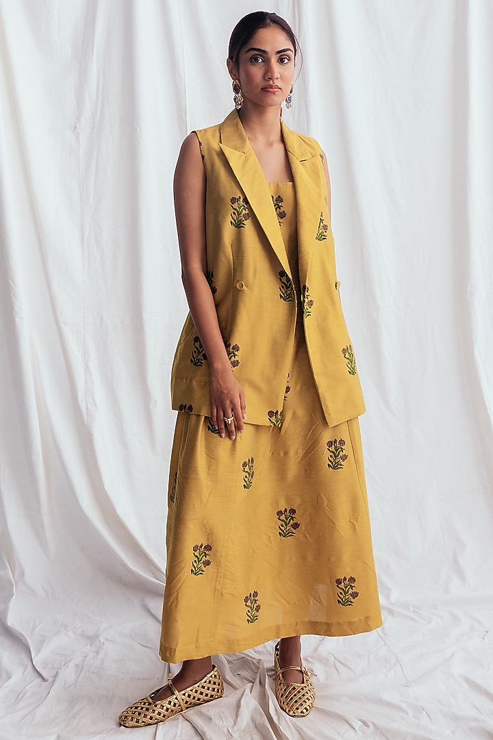 Yellow Cotton Silk Hand-Block Printed & Embroidered Blazer by Jodi at Pernia's Pop Up Shop