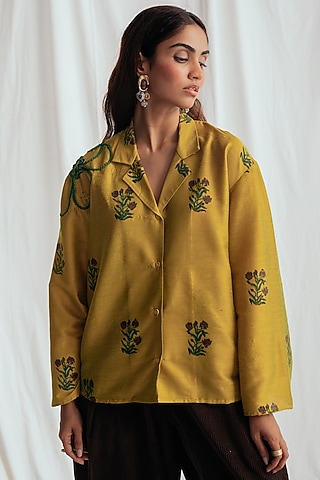 Yellow Cotton Silk Embroidered Shirt by Jodi