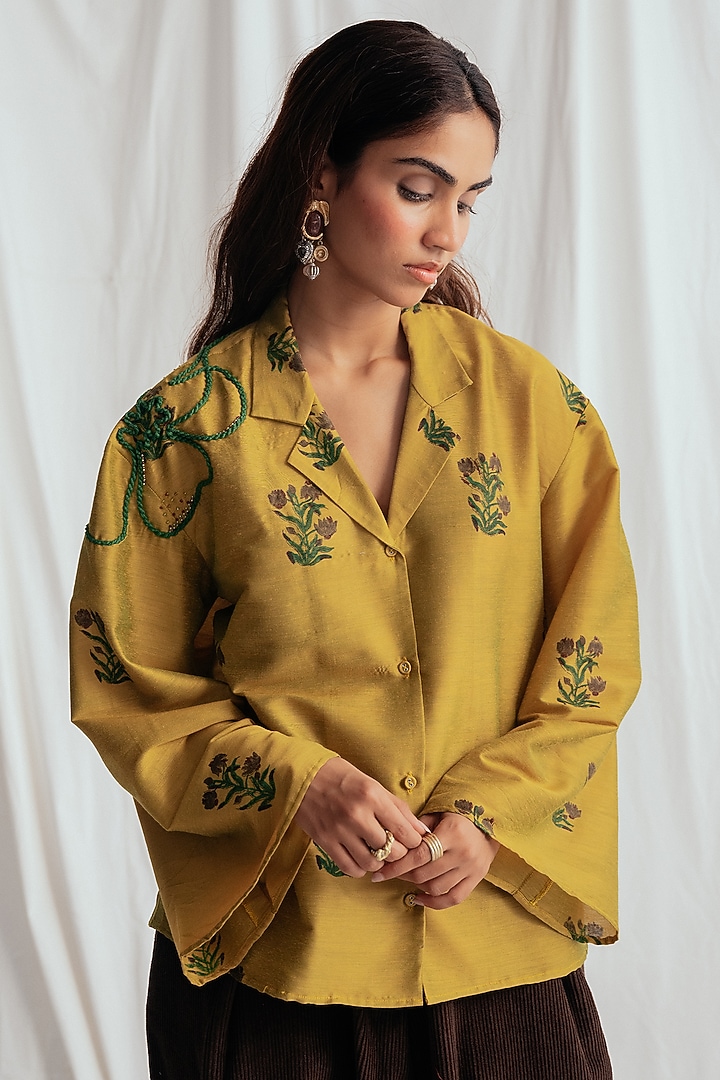 Yellow Cotton Silk Embroidered Shirt by Jodi at Pernia's Pop Up Shop