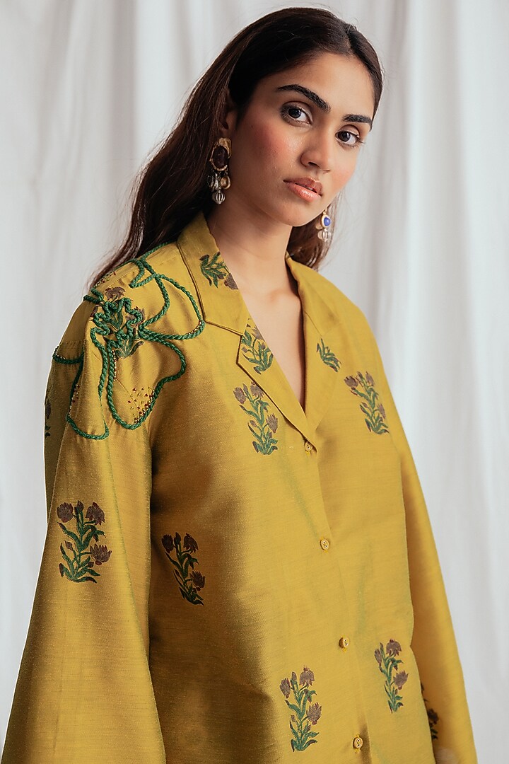 Yellow Cotton Silk Embroidered Shirt by Jodi at Pernia's Pop Up Shop