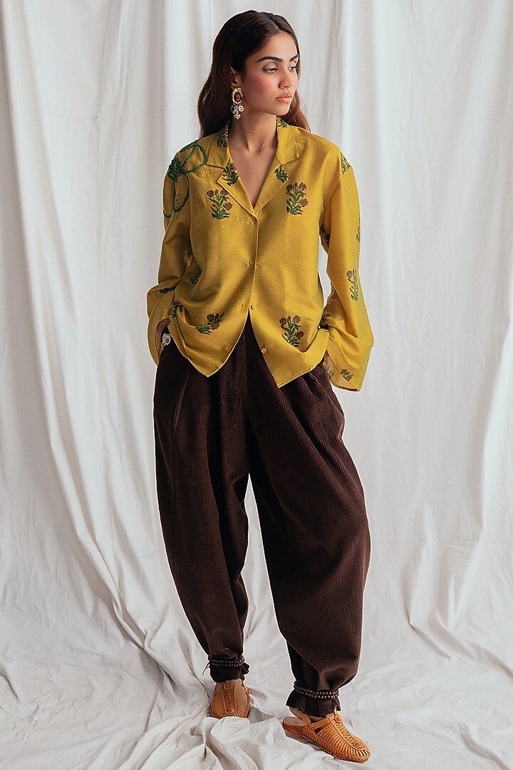 Yellow Cotton Silk Embroidered Shirt by Jodi at Pernia's Pop Up Shop