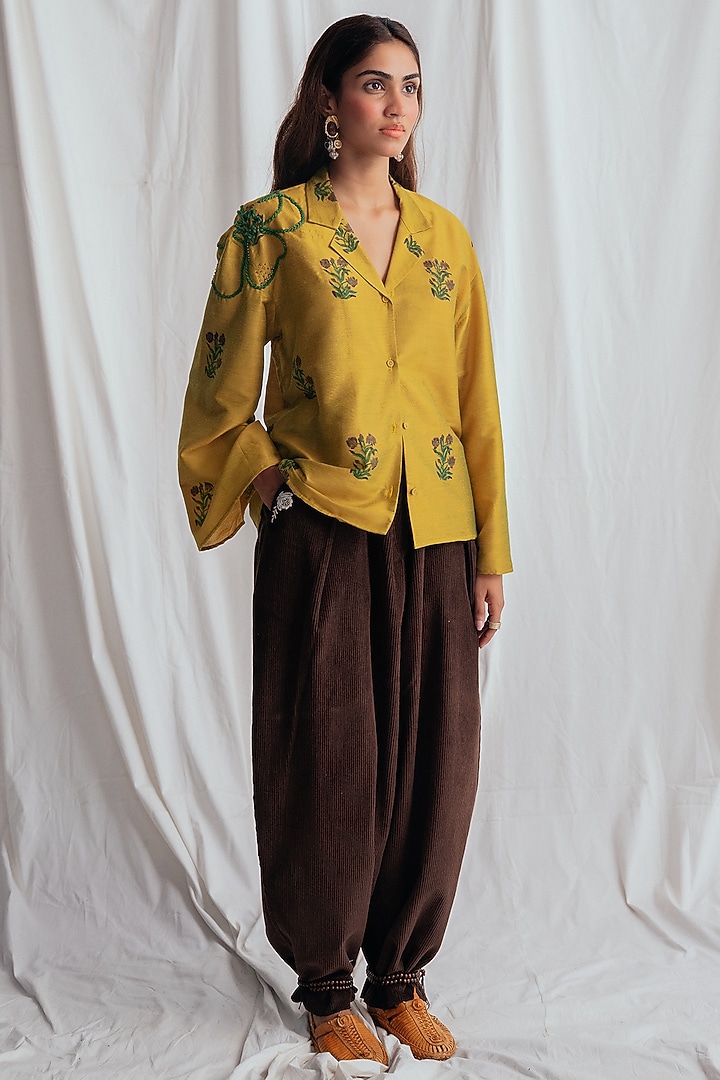 Yellow Cotton Silk Embroidered Shirt by Jodi at Pernia's Pop Up Shop