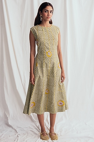 Green Cotton Printed & Embroidered Dress by Jodi