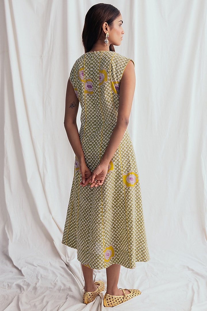 Green Cotton Printed & Embroidered Summer Dress by Jodi at Pernia's Pop Up Shop