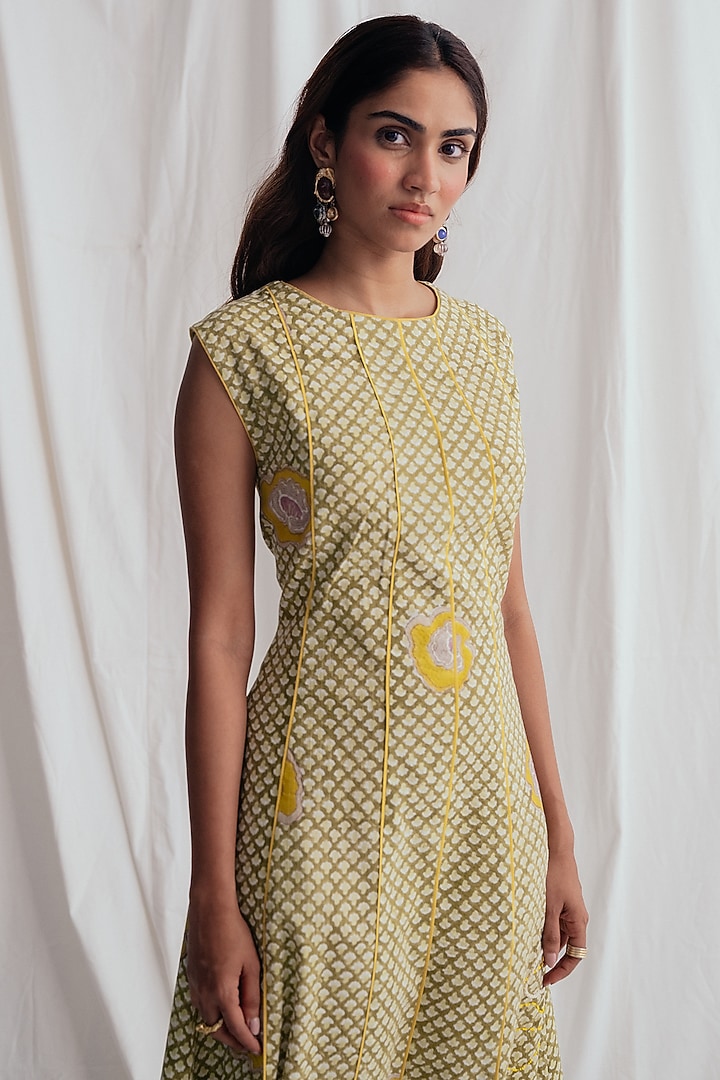 Green Cotton Printed & Embroidered Summer Dress by Jodi at Pernia's Pop Up Shop