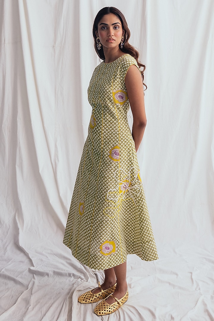 Green Cotton Printed & Embroidered Summer Dress by Jodi at Pernia's Pop Up Shop