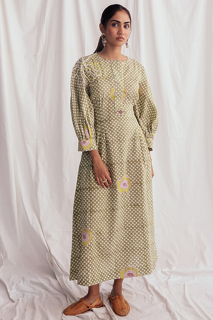 Green Cotton Printed & Embroidered Summer Dress by Jodi at Pernia's Pop Up Shop