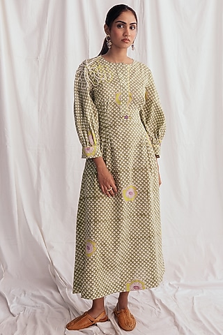 Green Cotton Printed & Embroidered Dress by Jodi