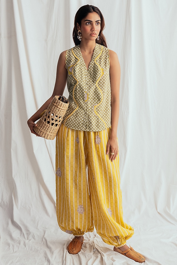 Green Cotton Printed & Embroidered Shirt by Jodi at Pernia's Pop Up Shop