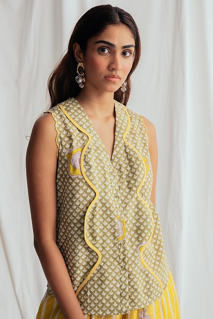Green Cotton Printed & Embroidered Shirt by Jodi at Pernia's Pop Up Shop