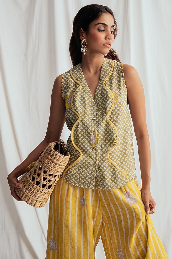 Green Cotton Printed & Embroidered Shirt by Jodi at Pernia's Pop Up Shop