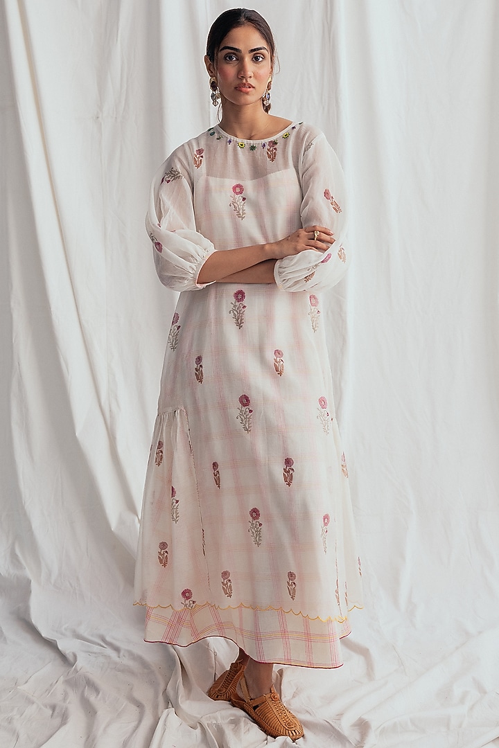 White Chanderi Embroidered Vacation Dress by Jodi at Pernia's Pop Up Shop