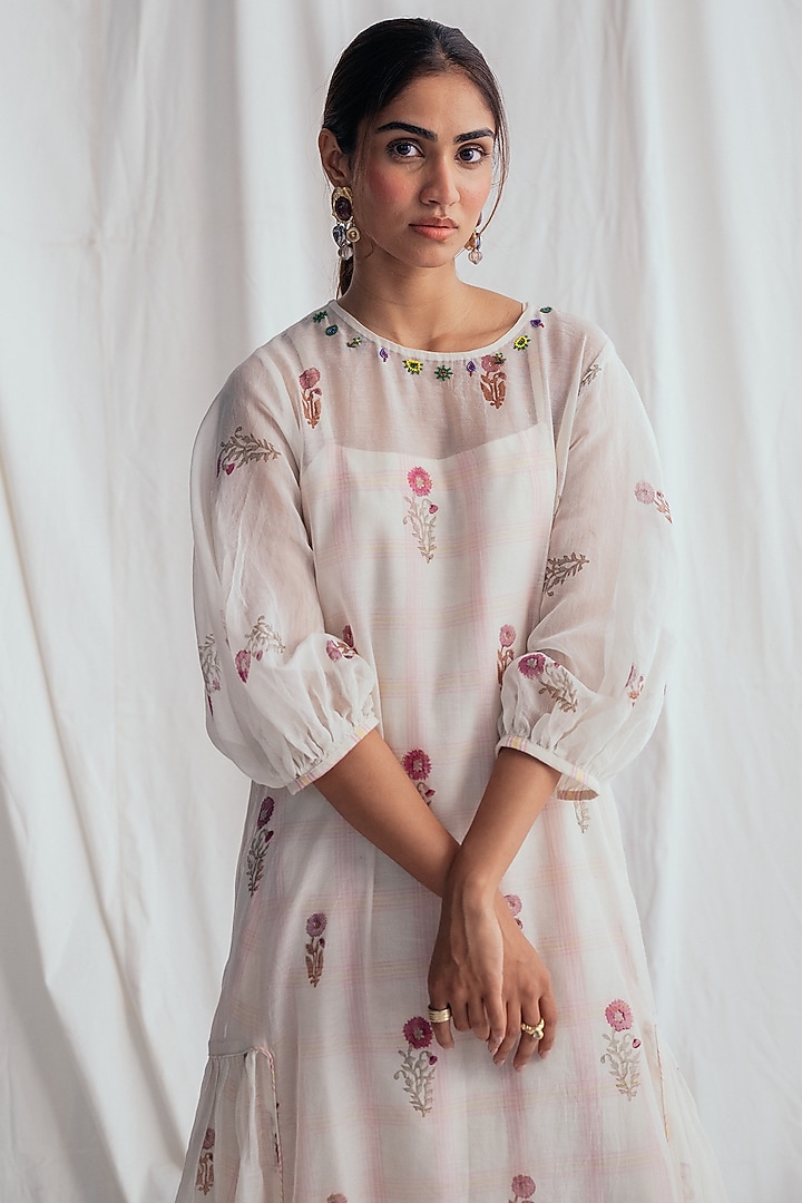 White Chanderi Embroidered Vacation Dress by Jodi at Pernia's Pop Up Shop