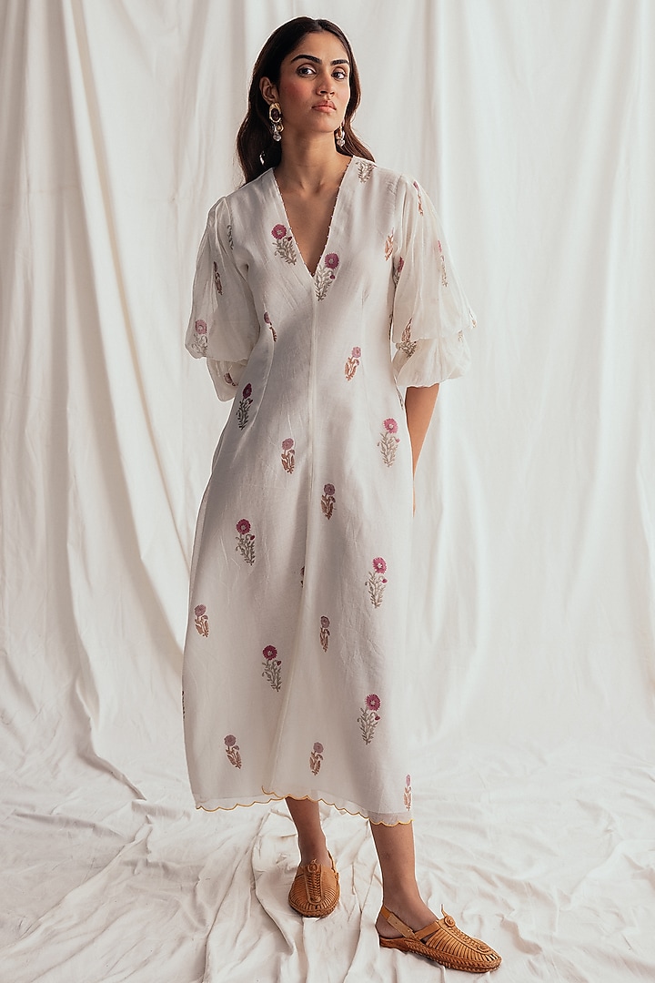 White Chanderi Hand-Block Printed & Embroidered Vacation Dress by Jodi at Pernia's Pop Up Shop