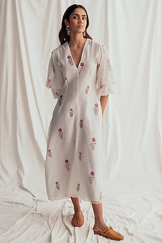 White Chanderi Hand-Block Printed & Embroidered Dress by Jodi