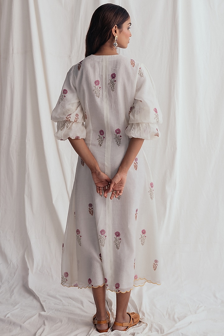 White Chanderi Hand-Block Printed & Embroidered Vacation Dress by Jodi at Pernia's Pop Up Shop