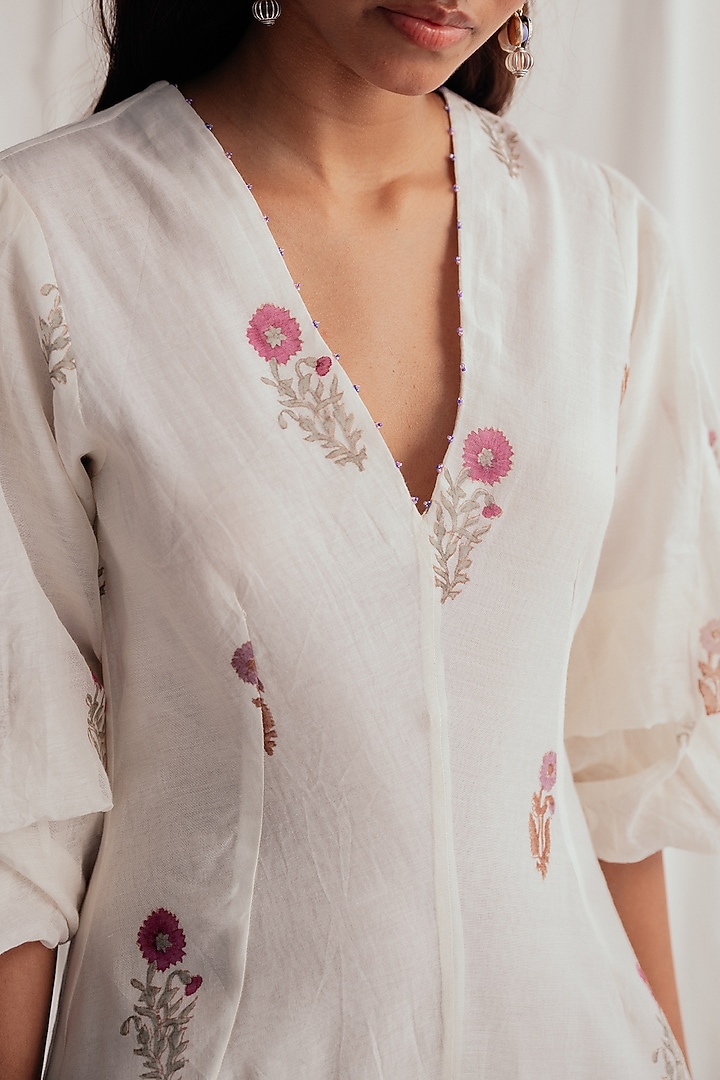 White Chanderi Hand-Block Printed & Embroidered Vacation Dress by Jodi at Pernia's Pop Up Shop