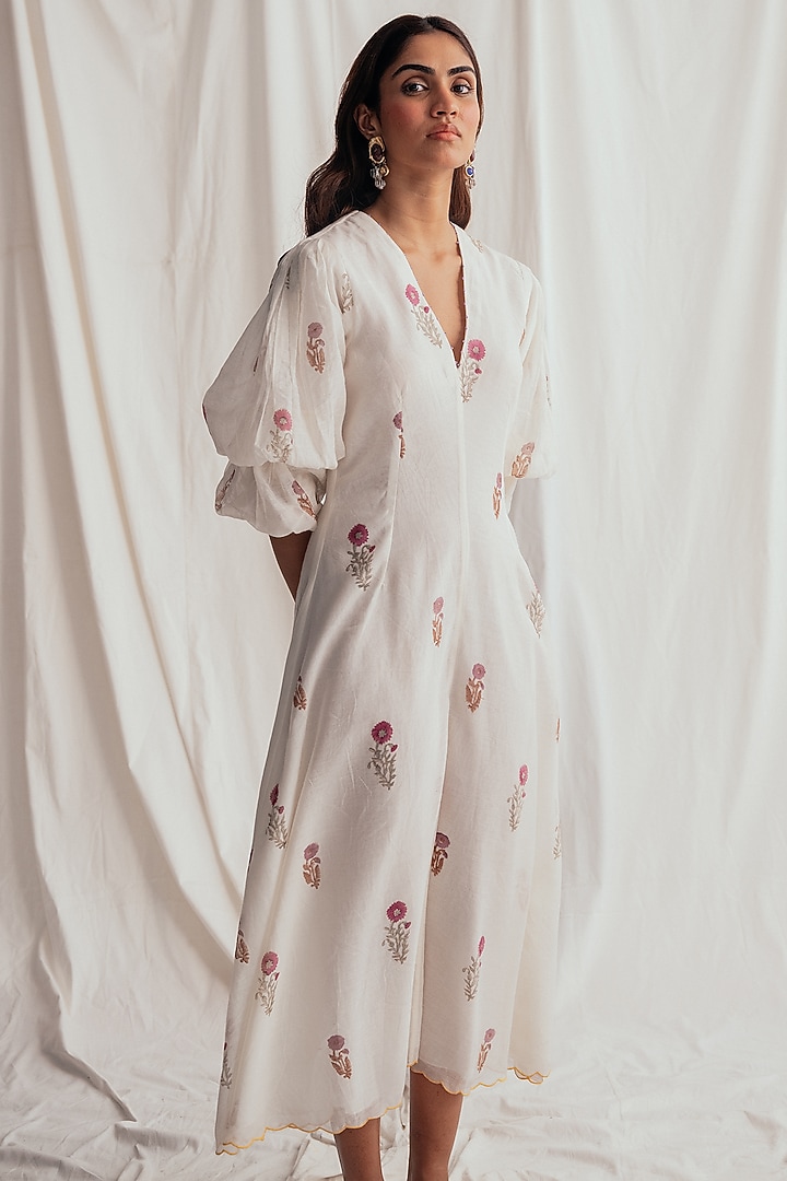 White Chanderi Hand-Block Printed & Embroidered Vacation Dress by Jodi at Pernia's Pop Up Shop