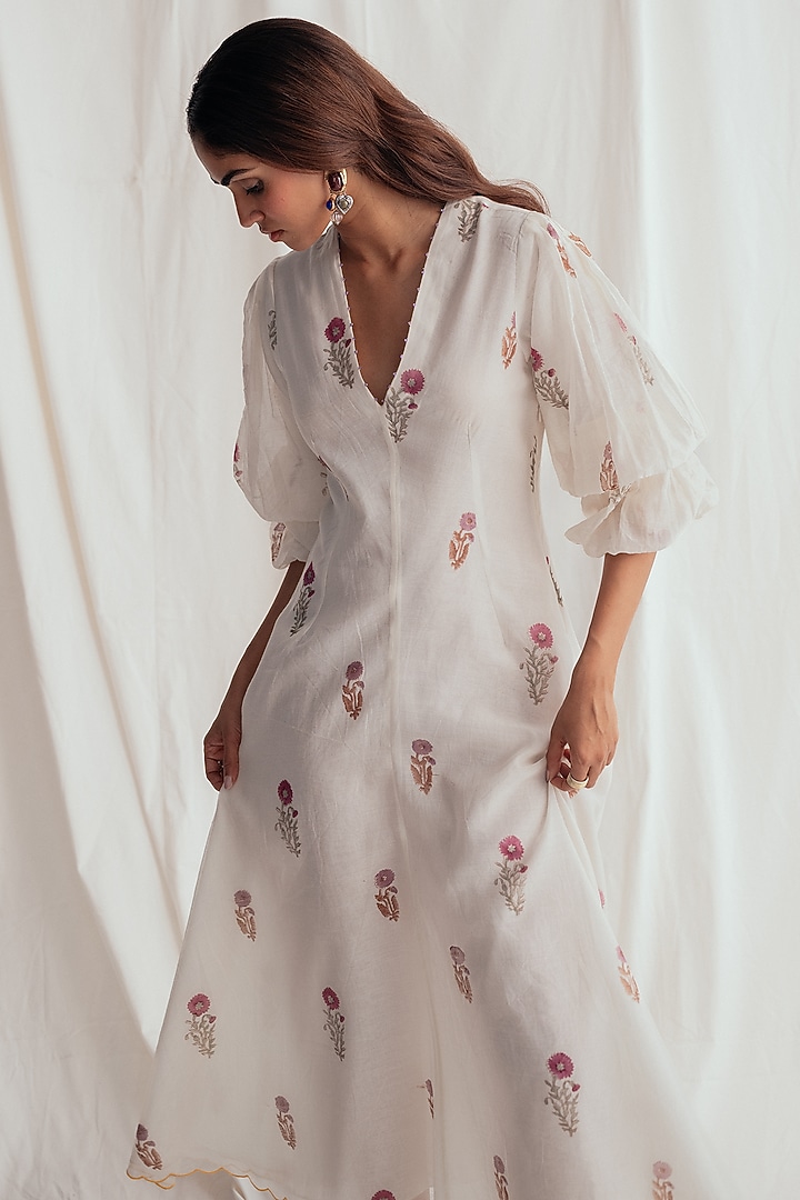 White Chanderi Hand-Block Printed & Embroidered Vacation Dress by Jodi at Pernia's Pop Up Shop