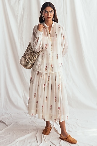 White Chanderi Floral Printed Shirt by Jodi