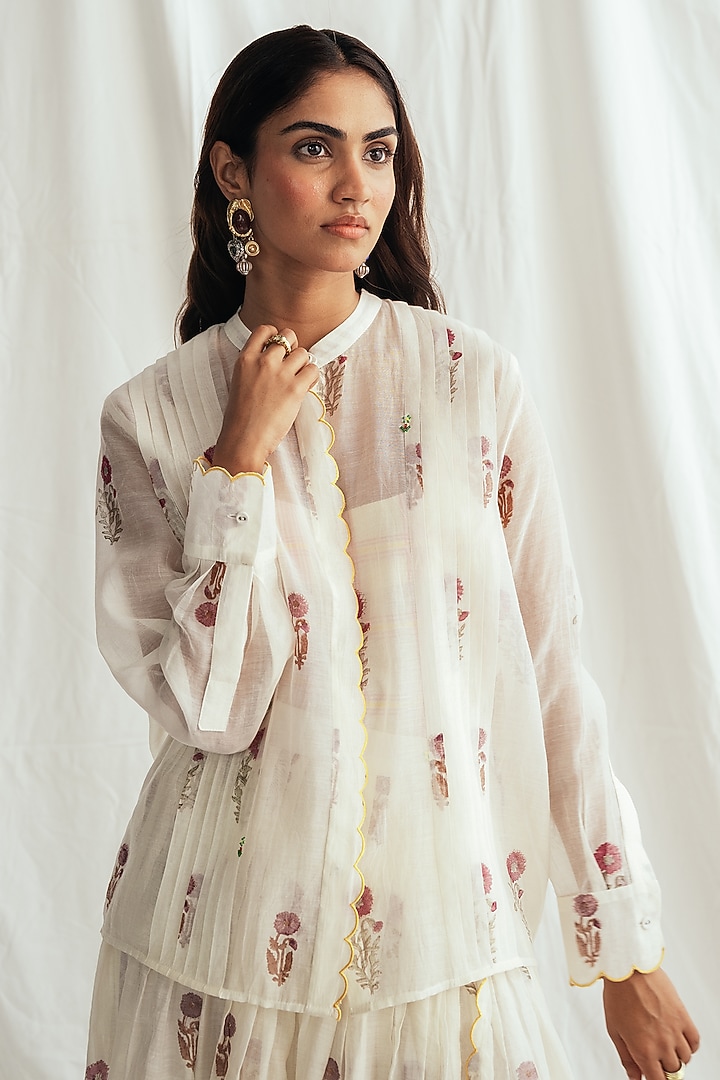 White Chanderi Floral Printed Shirt by Jodi at Pernia's Pop Up Shop