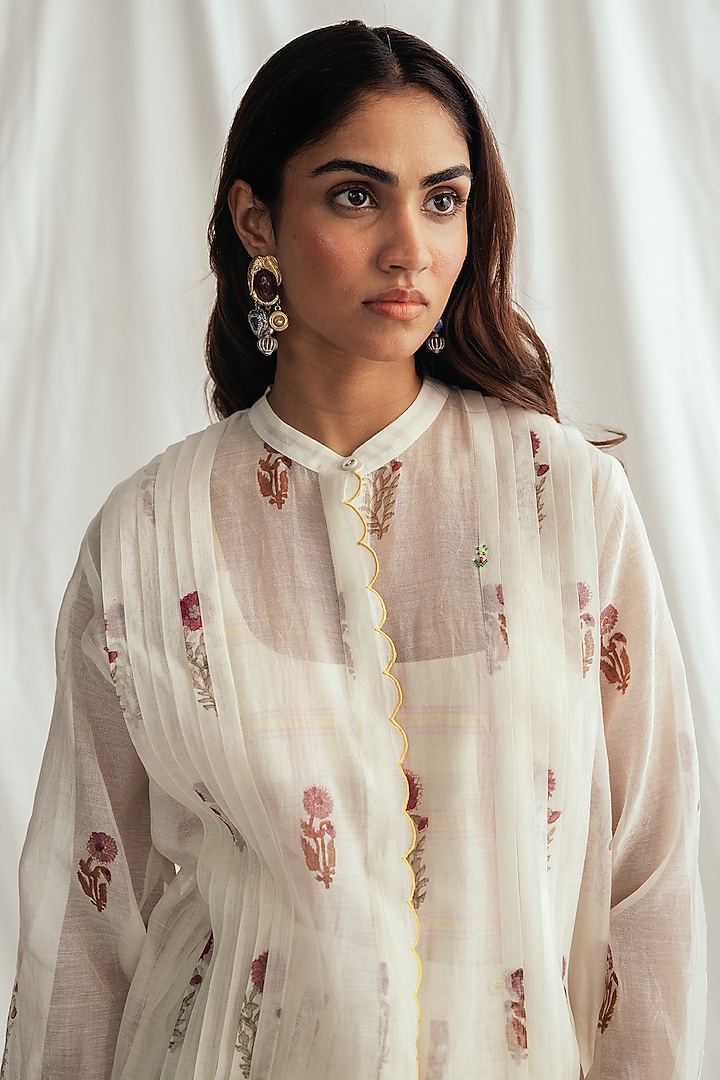 White Chanderi Floral Printed Shirt by Jodi at Pernia's Pop Up Shop