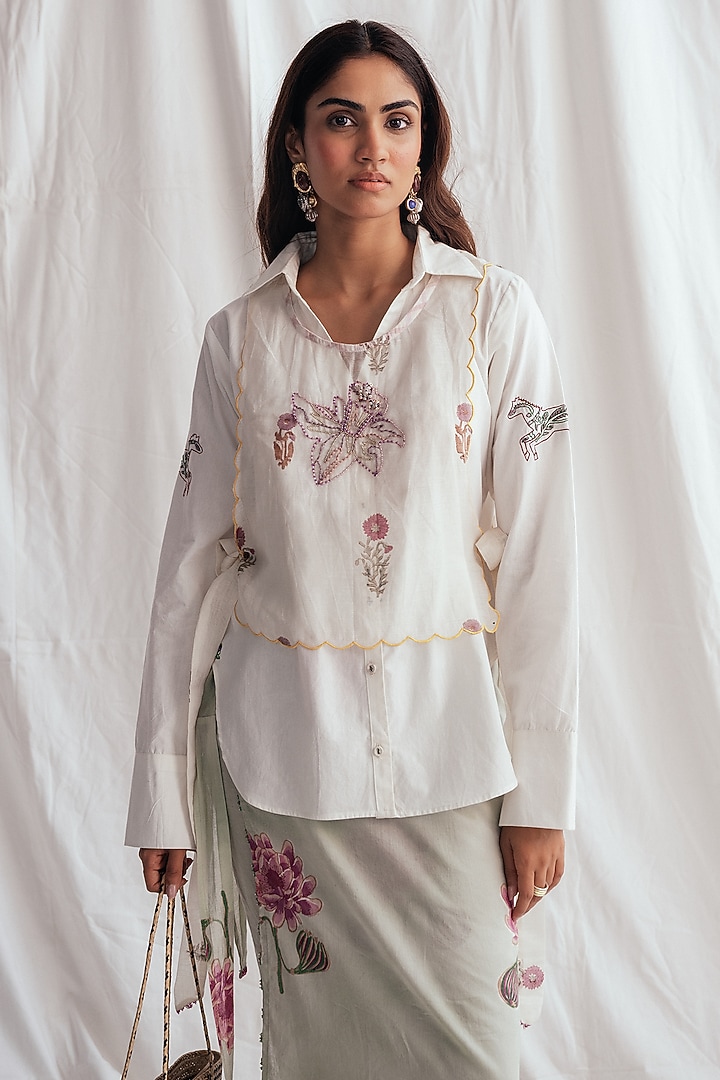 White Chanderi Hand-Block Printed & Embroidered Bib by Jodi at Pernia's Pop Up Shop