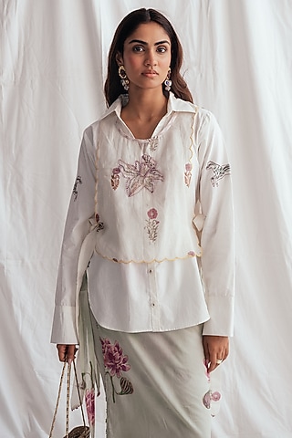 White Chanderi Hand-Block Printed & Embroidered Bib by Jodi