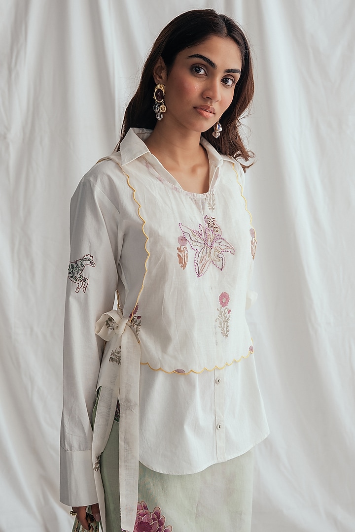 White Chanderi Hand-Block Printed & Embroidered Bib by Jodi at Pernia's Pop Up Shop