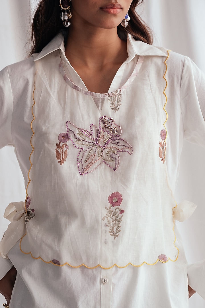 White Chanderi Hand-Block Printed & Embroidered Bib by Jodi at Pernia's Pop Up Shop