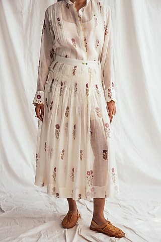 White Chanderi Hand-Block Printed & Beadwork Skirt by Jodi