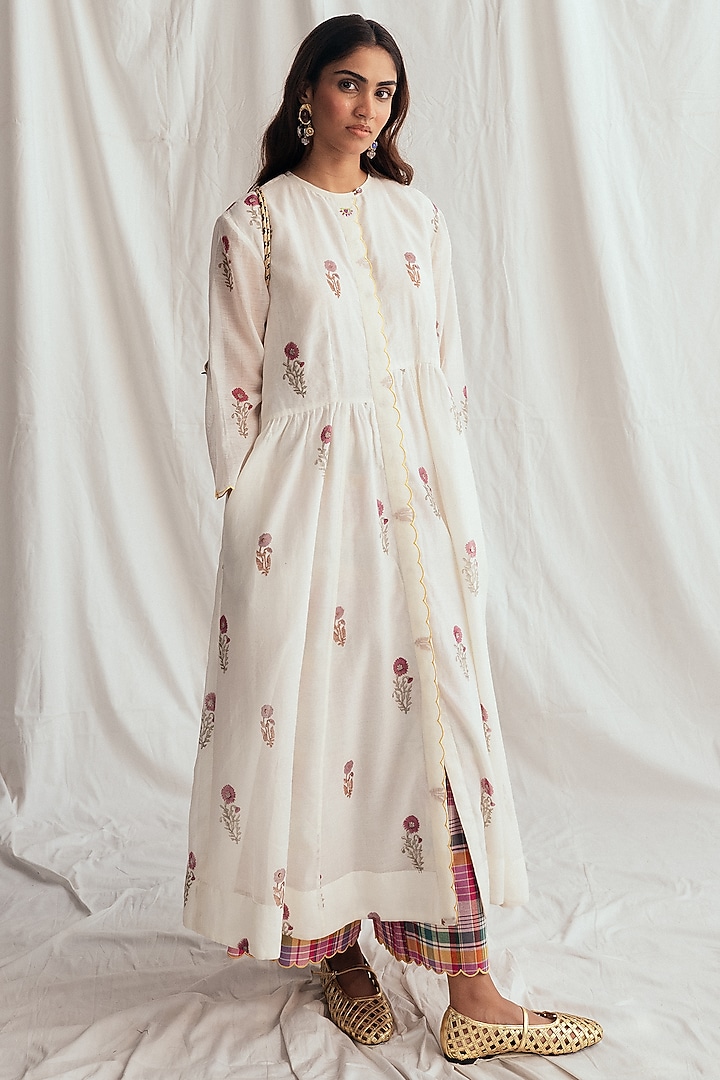 White Chanderi Hand-Block Printed & Embroidered Vacation Dress by Jodi at Pernia's Pop Up Shop