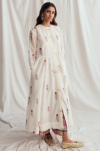 White Chanderi Hand-Block Printed & Embroidered Dress by Jodi