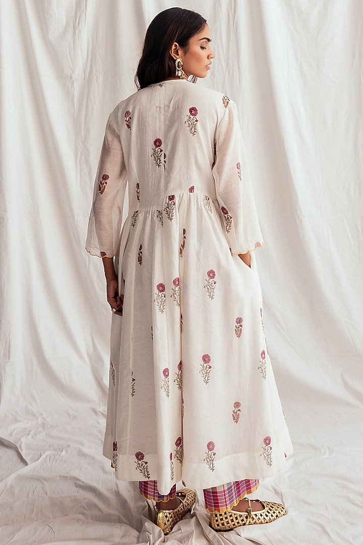 White Chanderi Hand-Block Printed & Embroidered Vacation Dress by Jodi at Pernia's Pop Up Shop