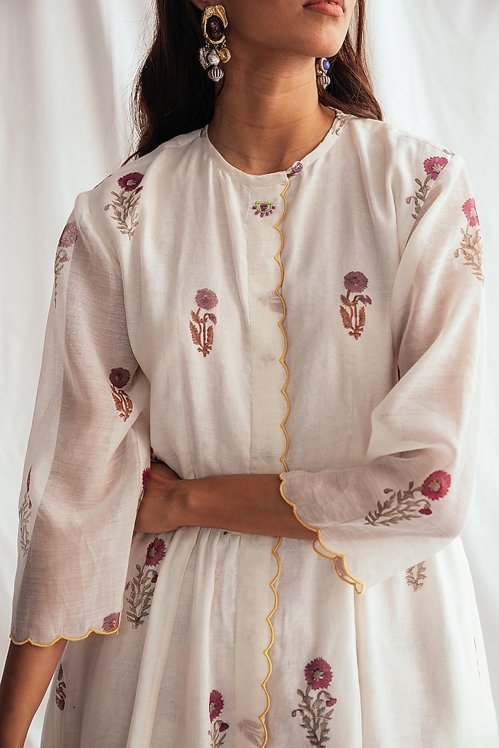 White Chanderi Hand-Block Printed & Embroidered Vacation Dress by Jodi at Pernia's Pop Up Shop