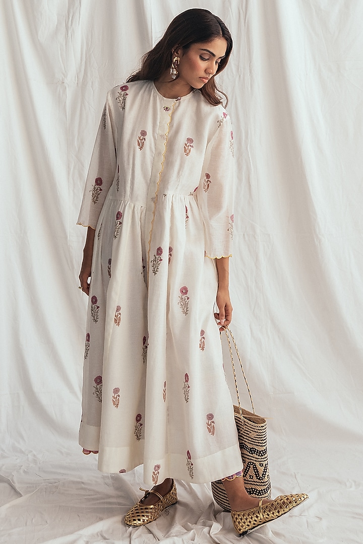 White Chanderi Hand-Block Printed & Embroidered Vacation Dress by Jodi at Pernia's Pop Up Shop